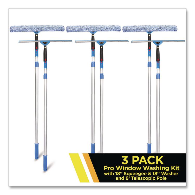 Pro Window Washing Kit with Squeegee, Washer and 6 ft Telescopic Pole, 18" Wide Blade, 3/Kit