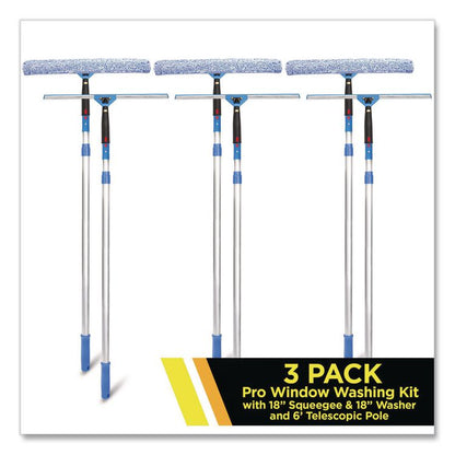 Pro Window Washing Kit with Squeegee, Washer and 6 ft Telescopic Pole, 18" Wide Blade, 3/Kit
