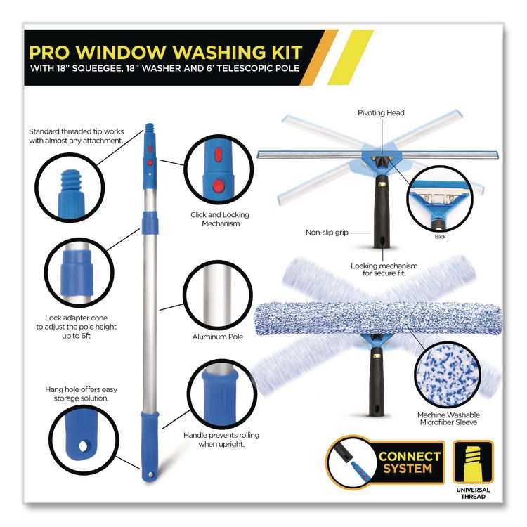 Pro Window Washing Kit with Squeegee, Washer and 6 ft Telescopic Pole, 18" Wide Blade, 3/Kit
