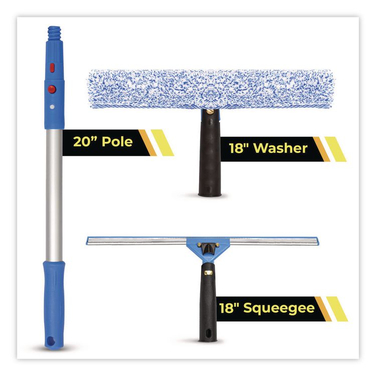 Pro Window Washing Kit with Squeegee, Washer and 20" Pole, 18" Wide Blade