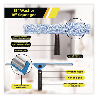 Pro Window Washing Kit with Squeegee, Washer and 20" Pole, 18" Wide Blade