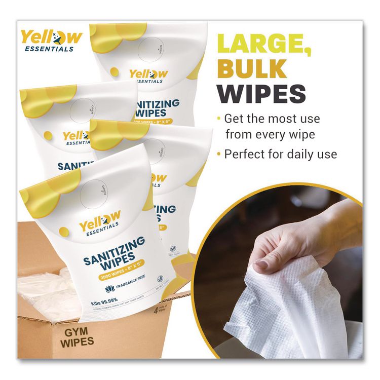 Yellow Essentials Sanitizing Wipes, 5 x 8, Unscented, White, 2,000/Refill Bag, 4 Refill Bags/Carton