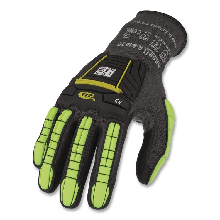 RINGERS R840 Cut and Impact Protection Gloves, EN388: 4131AP, 11" Long, X-Large (Size 9), Black/Green-Yellow, 72 Pairs