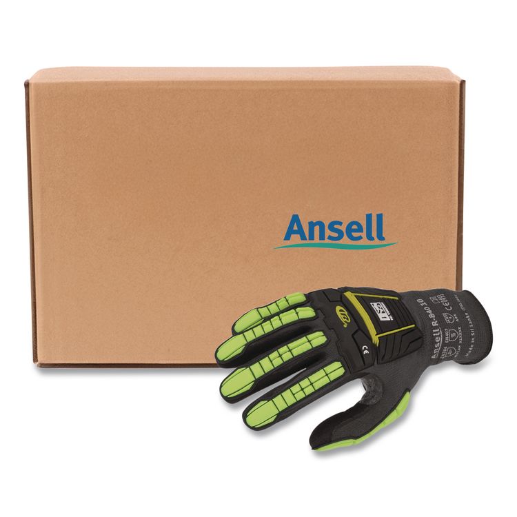 RINGERS R840 Cut and Impact Protection Gloves, EN388: 4131AP, 11" Long, 2X-Large (Size 10), Black/Green-Yellow, 72 Pairs