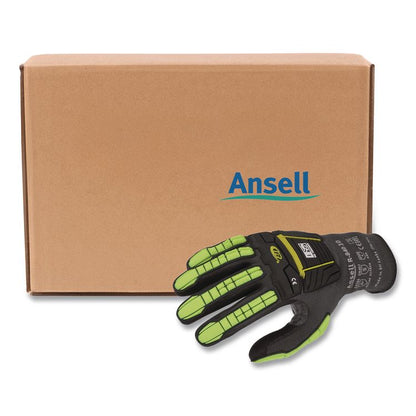 RINGERS R840 Cut and Impact Protection Gloves, EN388: 4131AP, 11" Long, Medium (Sive 7), Black/Green-Yellow, 72 Pairs