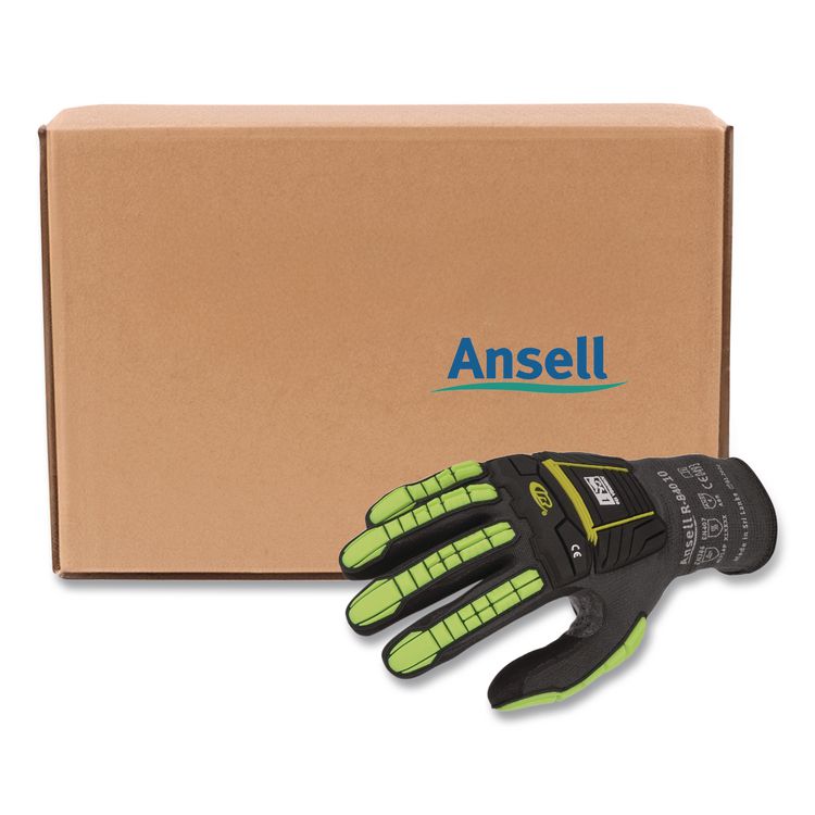 RINGERS R840 Cut and Impact Protection Gloves, EN388: 4131AP, 11" Long, Small (Size 6), Black/Green-Yellow, 72 Pairs