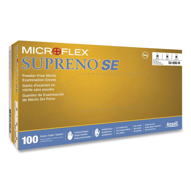 MICROFLEX Supreno SE SU-690 Exam Gloves, Powder-Free, AQL 0.65, ESD Safe, X-Large, 7.1 mil, 9.6"l, Violet Blue, 100/Box,10/CT