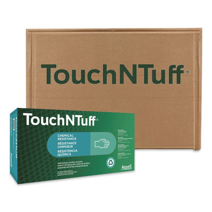 TouchNTuff 92-600 Chemical Splash Protection Gloves, Powder-Free,AQL 4.0,ESD Safe, 2X-Large,4.9 mil,9.45"l,Green,90/Box,10/CT