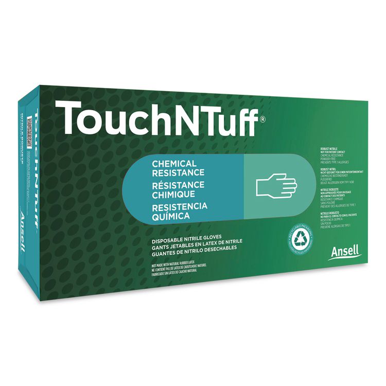 TouchNTuff 92-600 Chemical Splash Protection Gloves, Powder-free, AQL 4.0, ESD Safe, Small, 4.9 mil,9.45",Green,100/Box,10/CT