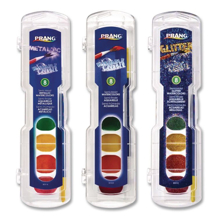 Semi-Moist Washable Watercolor Classic, Glitter and Metallic Master Pack, 8 Assorted Colors, Palette Tray, 36 Sets/Carton