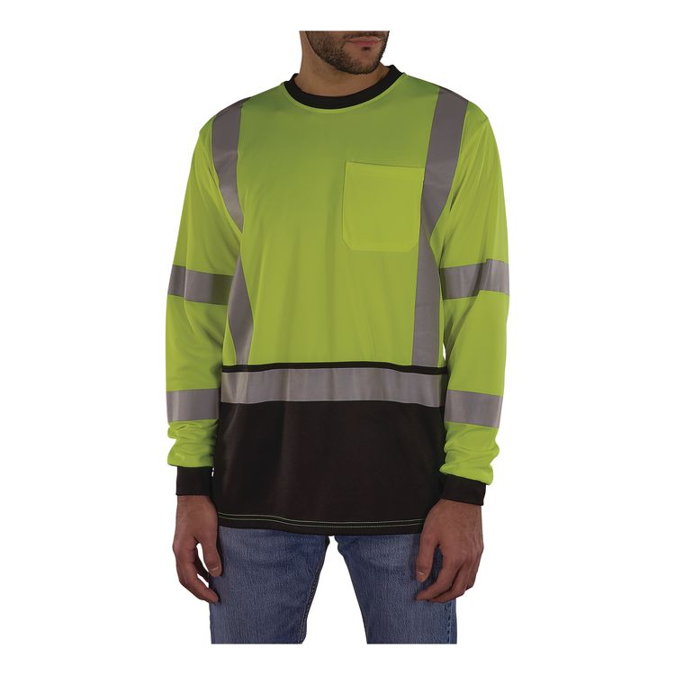 GloWear 8369BK Class 3 Essential Hi-Vis Long Sleeve T-Shirt with Black Bottom, Medium, Lime