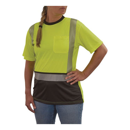 GloWear 8276BK Class 2 Women's Performance Hi-Vis T-Shirt with Black Bottom, Large, Lime