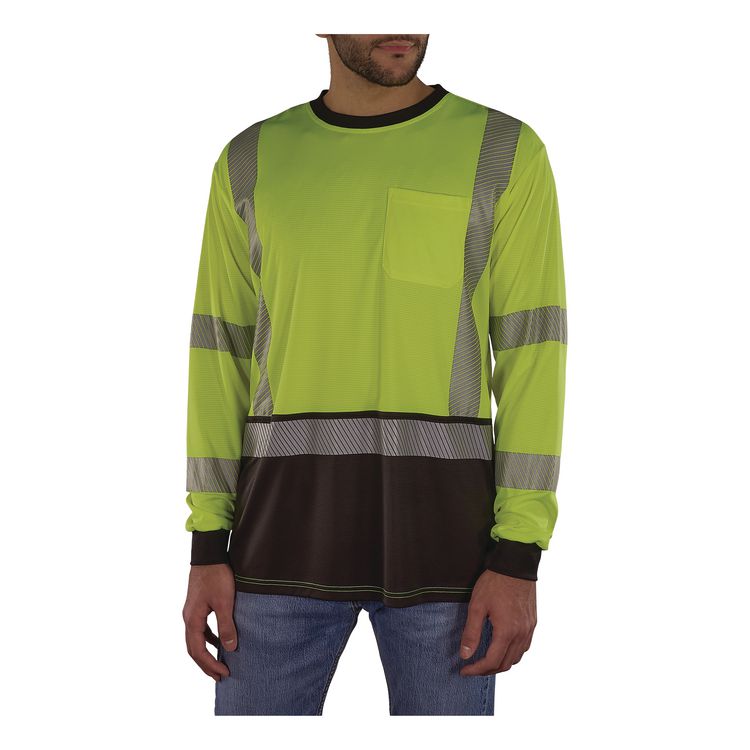 GloWear 8371BK Class 3 Performance Hi-Vis Long Sleeve T-Shirt with Black Bottom, 5X-Large, Lime