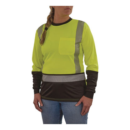GloWear 8278BK Class 2 Women's Performance Hi-Vis Long Sleeve T-Shirt with Black Bottom, Small, Lime