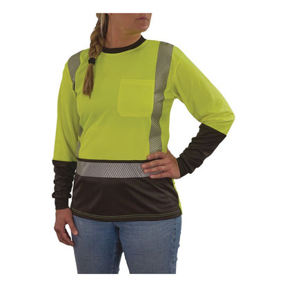 GloWear 8278BK Class 2 Women's Performance Hi-Vis Long Sleeve T-Shirt with Black Bottom, X-Large, Lime