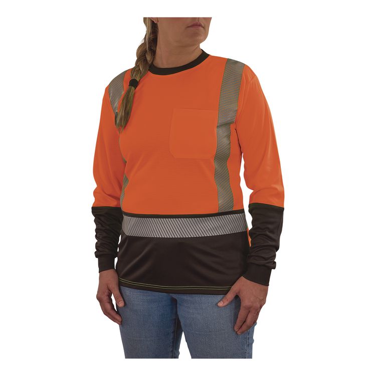 GloWear 8278BK Class 2 Women's Performance Hi-Vis Long Sleeve T-Shirt with Black Bottom, Large, Orange