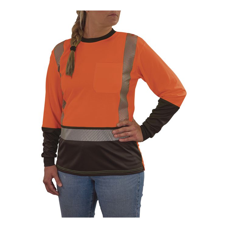 GloWear 8278BK Class 2 Women's Performance Hi-Vis Long Sleeve T-Shirt with Black Bottom, Large, Orange
