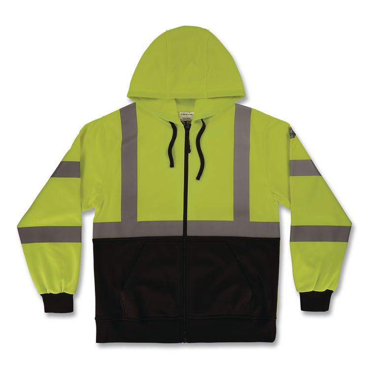 GloWear 8312BK Class 3 Essential Hi-Vis Hooded Zip-Up Sweatshirt with Black Bottom, Medium, Lime