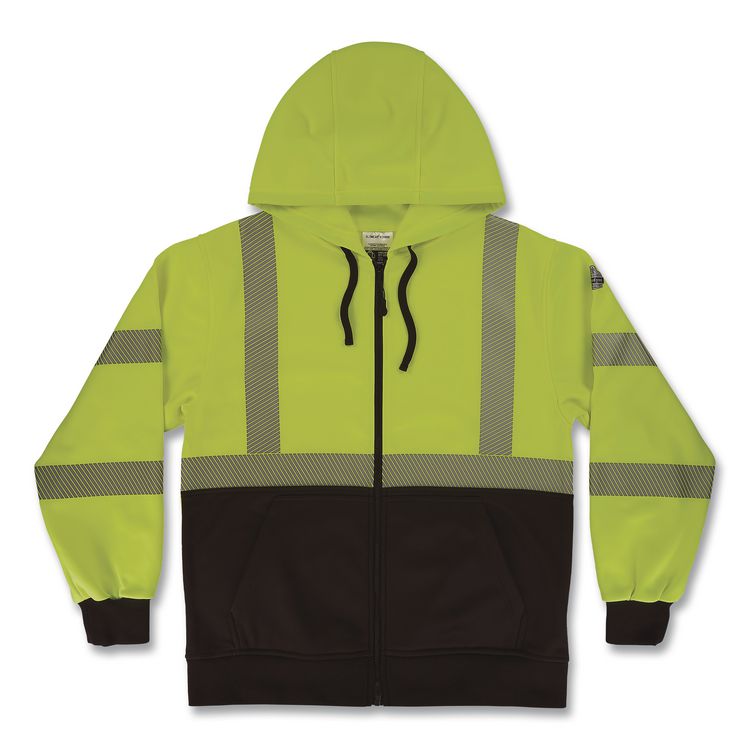 GloWear 8318BK Class 3 Performance Hi-Vis Hooded Zip-Up Sweatshirt with Black Bottom, Medium, Lime