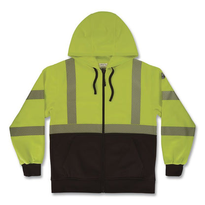GloWear 8318BK Class 3 Performance Hi-Vis Hooded Zip-Up Sweatshirt with Black Bottom, Large, Lime