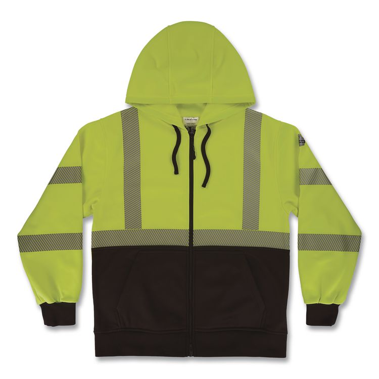 GloWear 8318BK Class 3 Performance Hi-Vis Hooded Zip-Up Sweatshirt with Black Bottom, X-Large, Lime