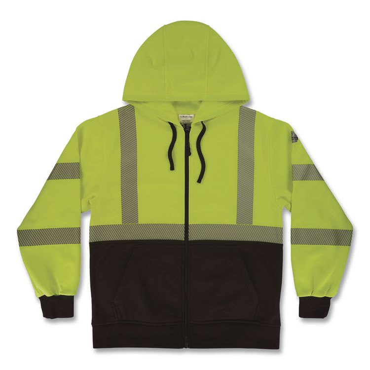 GloWear 8318BK Class 3 Performance Hi-Vis Hooded Zip-Up Sweatshirt with Black Bottom, 2X-Large, Lime