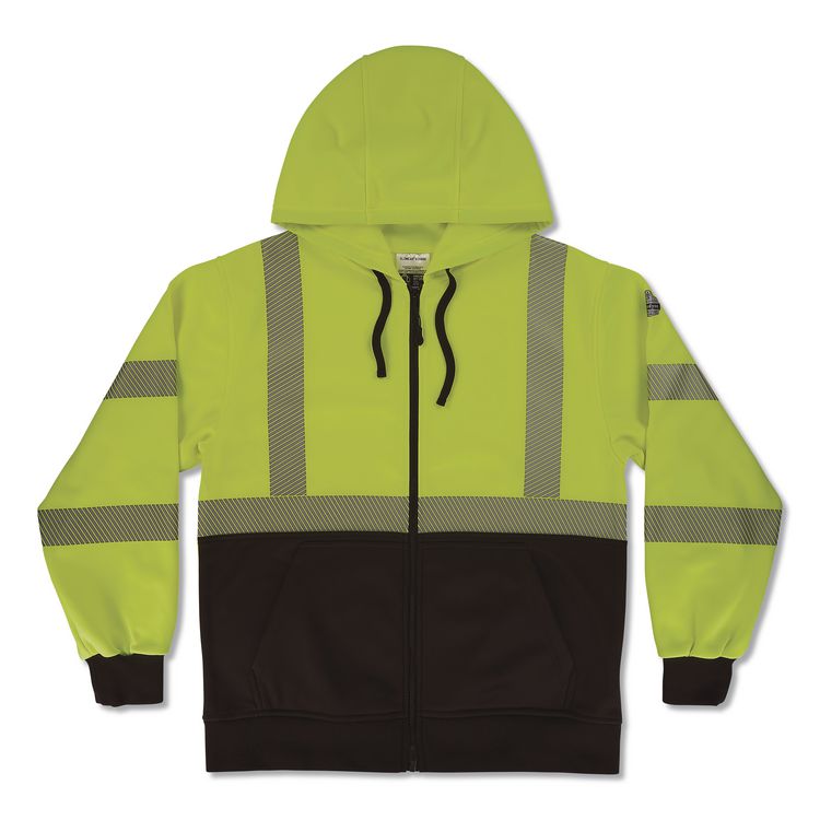 GloWear 8318BK Class 3 Performance Hi-Vis Hooded Zip-Up Sweatshirt with Black Bottom, 5X-Large, Lime