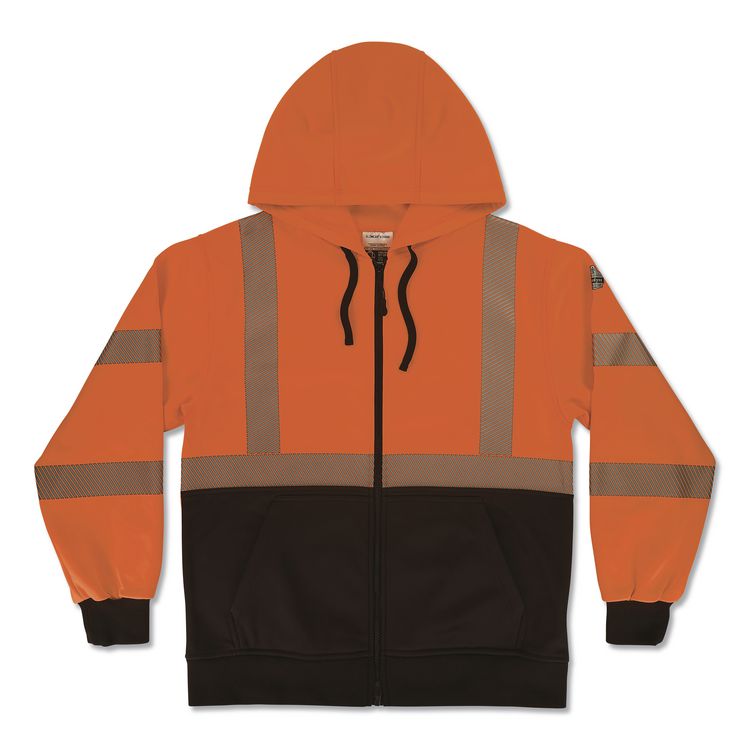 GloWear 8318BK Class 3 Performance Hi-Vis Hooded Zip-Up Sweatshirt with Black Bottom, Medium, Orange