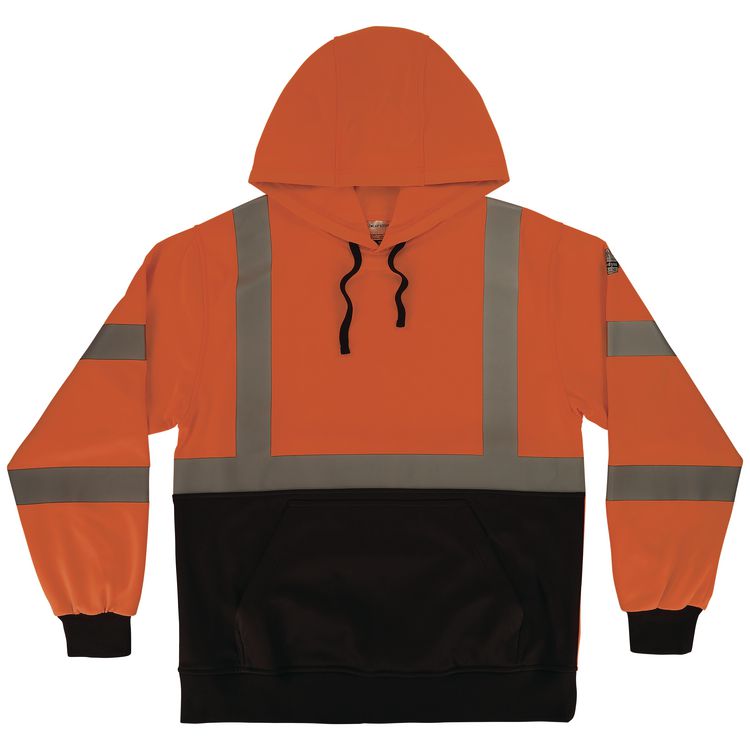 GloWear 8311BK Class 3 Essential Hi-Vis Hooded Sweatshirt with Black Bottom, X-Large, Orange