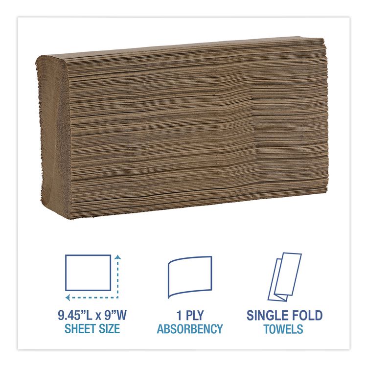 Folded Paper Towels, 1-Ply, 9 x 9.5, Kraft, 250/Pack, 16 Packs/Carton