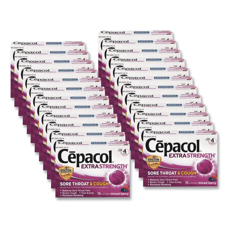 Extra Strength Sore Throat and Cough Lozenges, Mixed Berry, 16/Pack, 24 Packs/Carton
