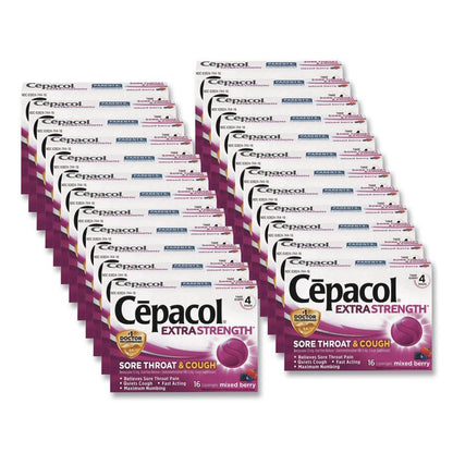 Extra Strength Sore Throat and Cough Lozenges, Mixed Berry, 16/Pack, 24 Packs/Carton