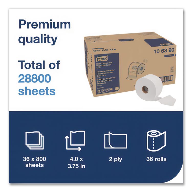 Premium Bath Tissue Roll with OptiCore, Septic Safe, 2-Ply, White, 800 Sheets/Roll, 36 Rolls/Carton