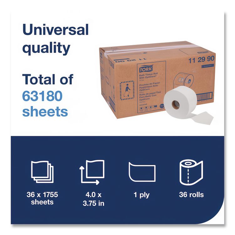 Universal Bath Tissue Roll with OptiCore, Septic Safe, 1-Ply, White, 1,755 Sheets/Roll, 36 Rolls/Carton