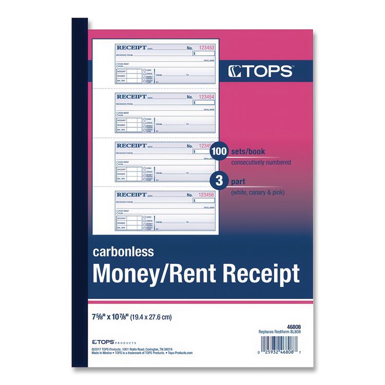 Money and Rent Receipt Book, Account + Payment Sections, Three-Part Carbonless, 7.13 x 2.75, 4 Forms/Sheet, 100 Forms Total