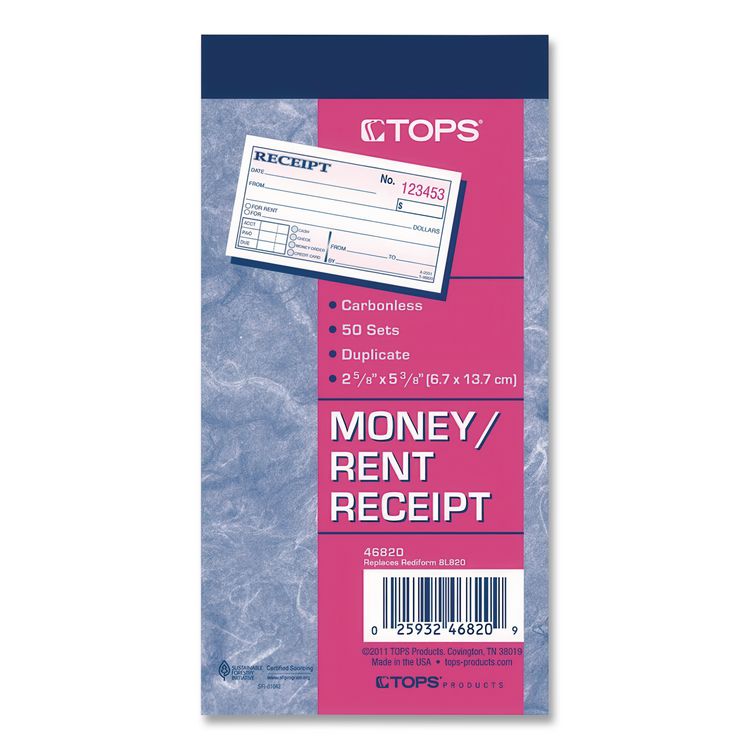 Money and Rent Receipt Books, Two-Part Carbonless, 4.78 x 2.75, 50 Forms Total