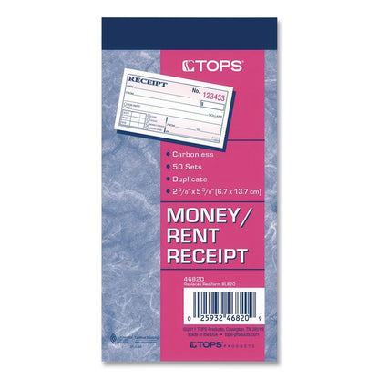 Money and Rent Receipt Books, Two-Part Carbonless, 4.78 x 2.75, 50 Forms Total