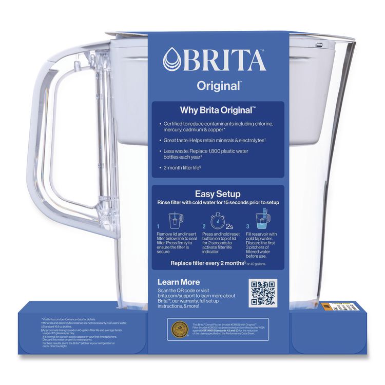 Small 6-Cup Water Filter Pitcher with 1 Standard Filter, Denali, White, 2/Carton