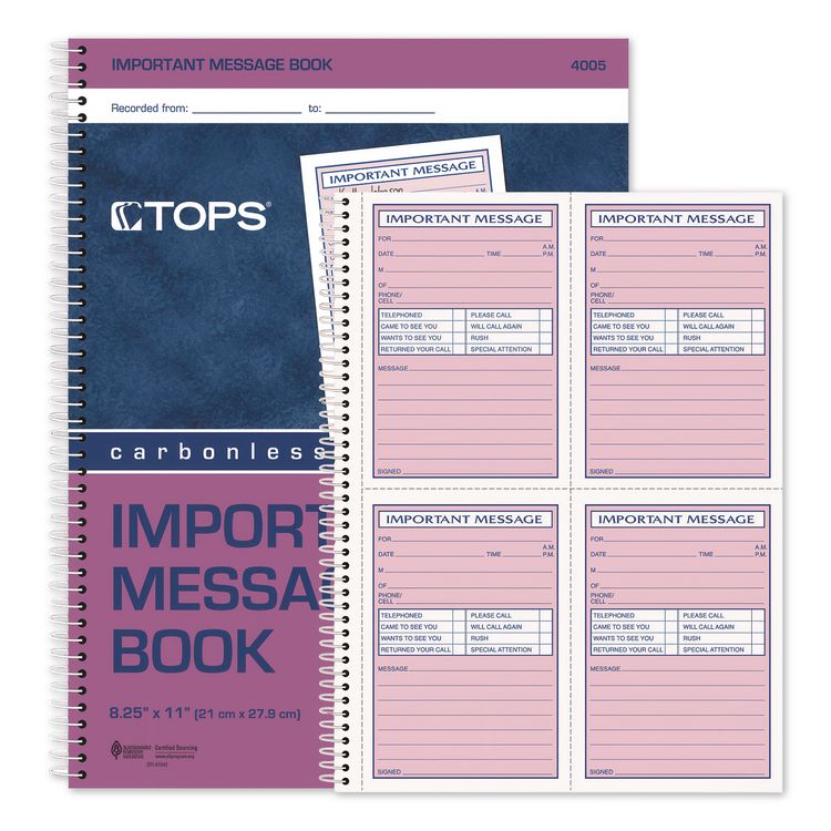 Telephone Message Book with Fax/Mobile Section, Two-Part Carbonless, 3.88 x 5.5, 4 Forms/Sheet, 200 Forms Total