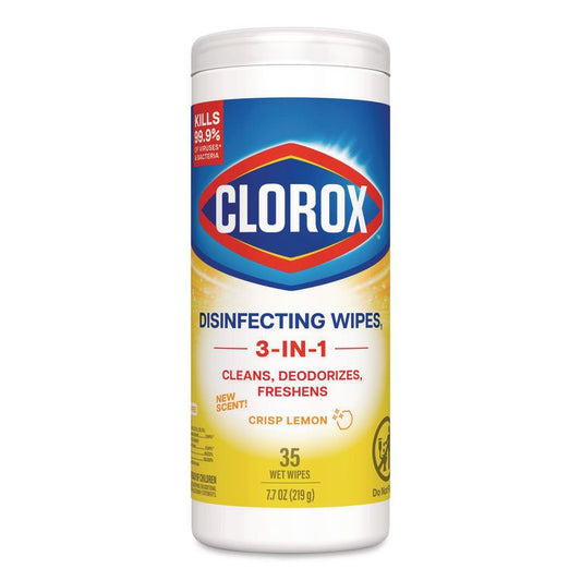 Disinfecting Wipes, Bleach Free Cleaning Wipes, 1-Ply, 7 x 8, Crisp Lemon, White, 35/Canister