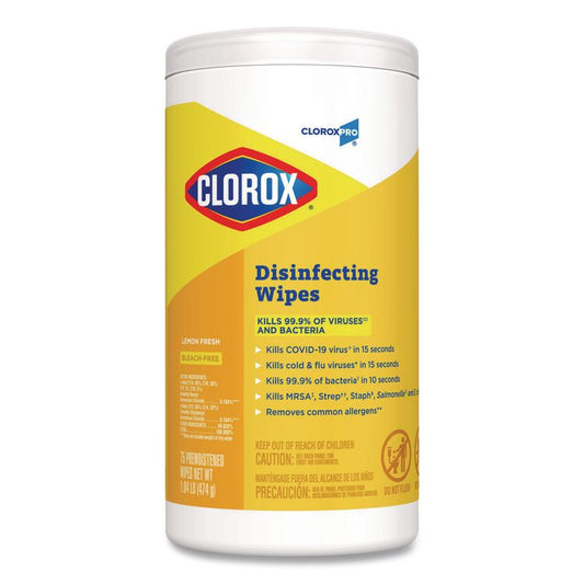 CloroxPro Disinfecting Wipes, 1-Ply, 7 x 8, Lemon Fresh, White, 75/Canister, 6/Carton