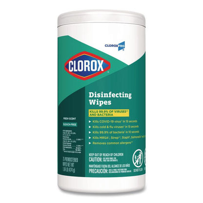 CloroxPro Disinfecting Wipes, 1-Ply, Fresh Scent, 7 x 8, White, 75/Canister, 6 Canisters/Carton