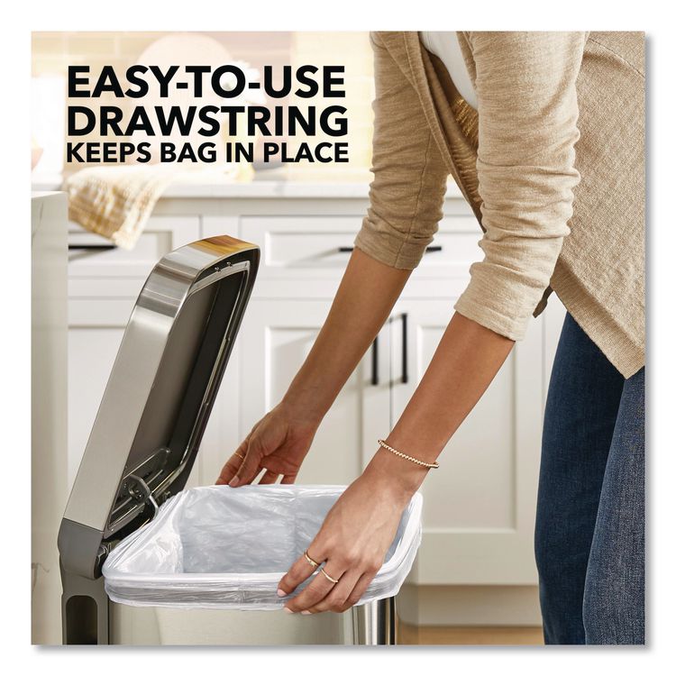 ForceFlex Kitchen Drawstring Trash Bags, Drawstring, 13 gal, Unscented, 23.47 x 25.38, White, 110 Bags/Box, 3 Boxes/Carton