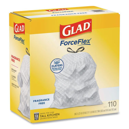 ForceFlex Kitchen Drawstring Trash Bags, Drawstring, 13 gal, Unscented, 23.47 x 25.38, White, 110 Bags/Box, 3 Boxes/Carton