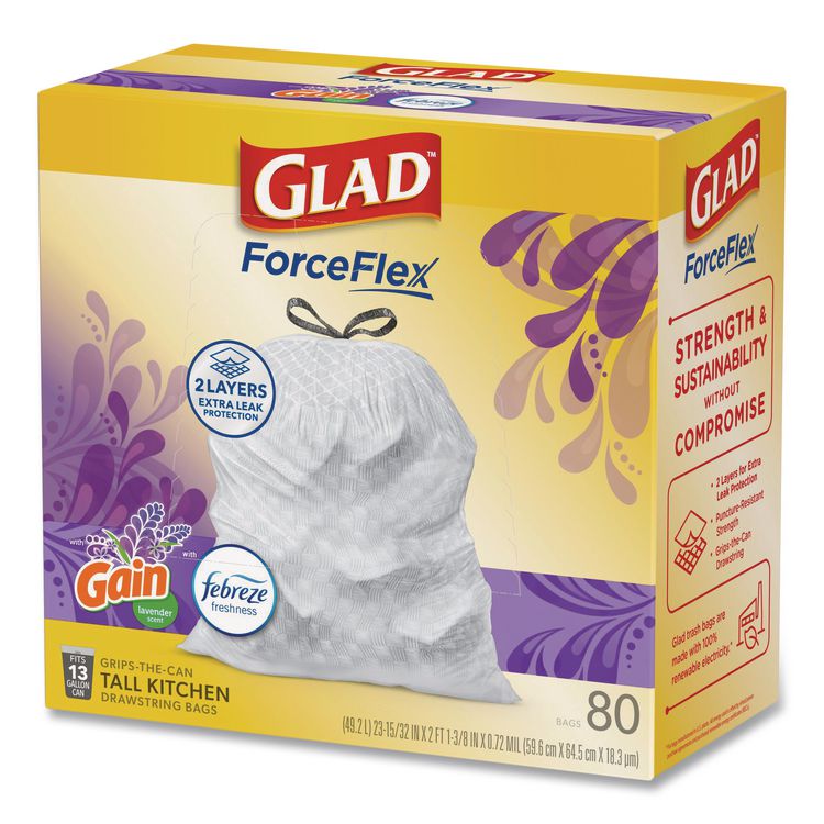 ForceFlex Kitchen Drawstring Trash Bags, 13 gal, Gain Lavender with Febreze Freshness, 24 x 27.38, White, 80/Box
