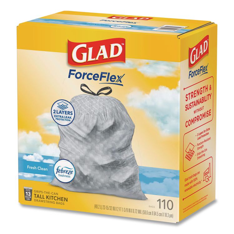 ForceFlex Tall Kitchen Drawstring Trash Bags, Drawstring, 13 gal, Fresh Clean Scent, 23.47 x 25.38, Gray, 110/Roll, 3/Carton
