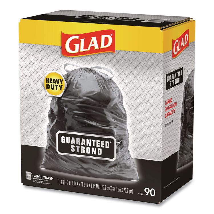 Guaranteed Strong Large Drawstring Trash Bags, Three-Ply, 30 gal, 1.05 mil, 30" x 33", Black, 90/Carton
