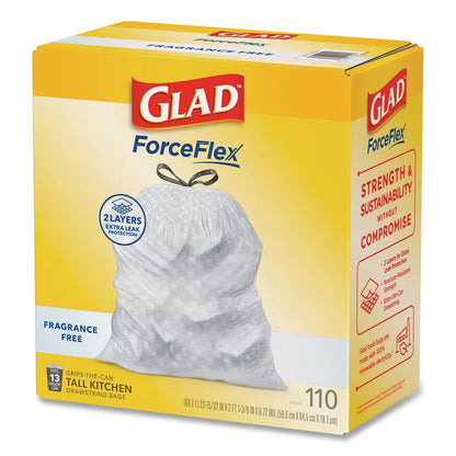 ForceFlex Kitchen Drawstring Trash Bags, Drawstring, 13 gal, Unscented, 23.47 x 25.38, White, 110 Bags/Box, 3 Boxes/Carton