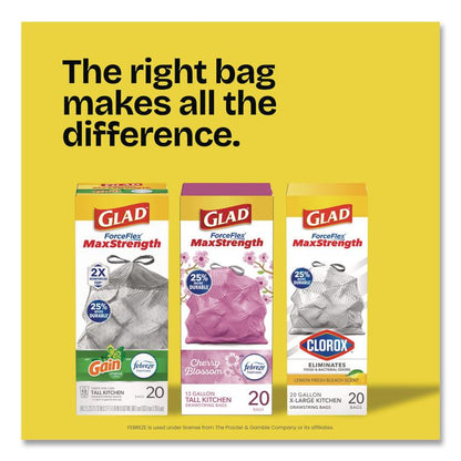 ForceFlex MaxStrength Tall Kitchen Drawstring Trash Bags, 13 gal, Fresh Clean Scent, 24 x 28, White, 34/Box, 6 Boxes/Carton