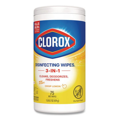 Disinfecting Wipes, Bleach Free Cleaning Wipes, 1-Ply, 7 x 7.75, Crisp Lemon, White, 75/Canister, 6 Canisters/Carton